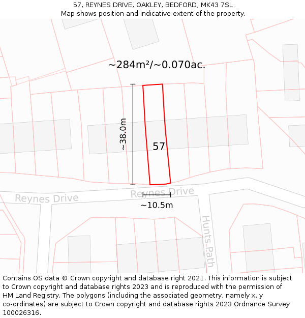 57, REYNES DRIVE, OAKLEY, BEDFORD, MK43 7SL: Plot and title map