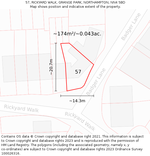 57, RICKYARD WALK, GRANGE PARK, NORTHAMPTON, NN4 5BD: Plot and title map