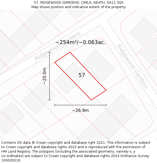 57, RIDGEWOOD GARDENS, CIMLA, NEATH, SA11 3QX: Plot and title map