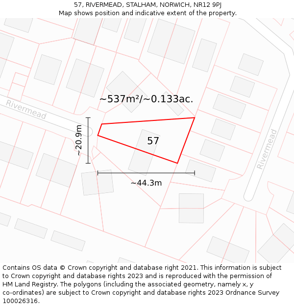 57, RIVERMEAD, STALHAM, NORWICH, NR12 9PJ: Plot and title map