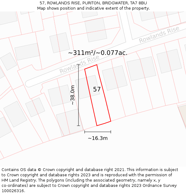 57, ROWLANDS RISE, PURITON, BRIDGWATER, TA7 8BU: Plot and title map