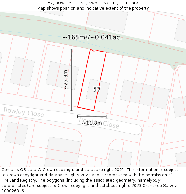 57, ROWLEY CLOSE, SWADLINCOTE, DE11 8LX: Plot and title map