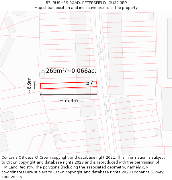 57, RUSHES ROAD, PETERSFIELD, GU32 3BP: Plot and title map