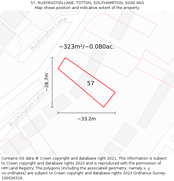 57, RUSHINGTON LANE, TOTTON, SOUTHAMPTON, SO40 9AG: Plot and title map