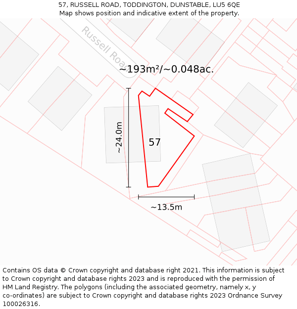 57, RUSSELL ROAD, TODDINGTON, DUNSTABLE, LU5 6QE: Plot and title map