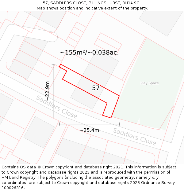 57, SADDLERS CLOSE, BILLINGSHURST, RH14 9GL: Plot and title map