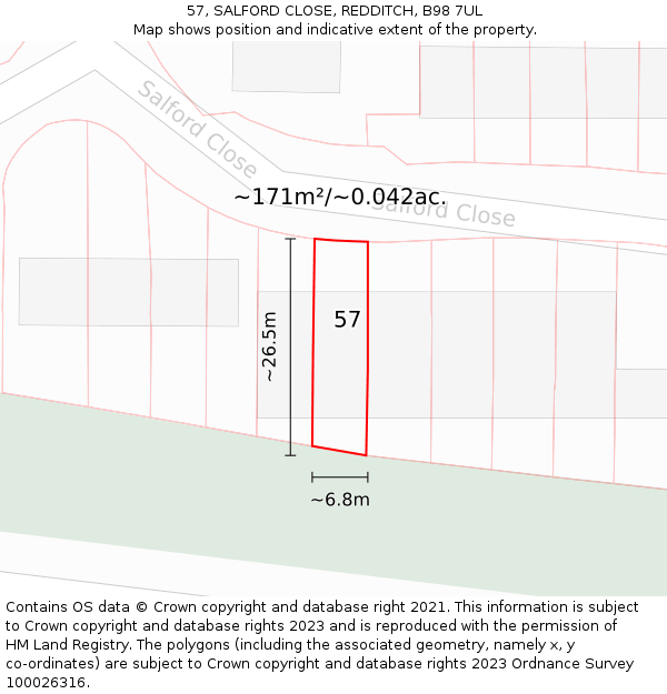 57, SALFORD CLOSE, REDDITCH, B98 7UL: Plot and title map