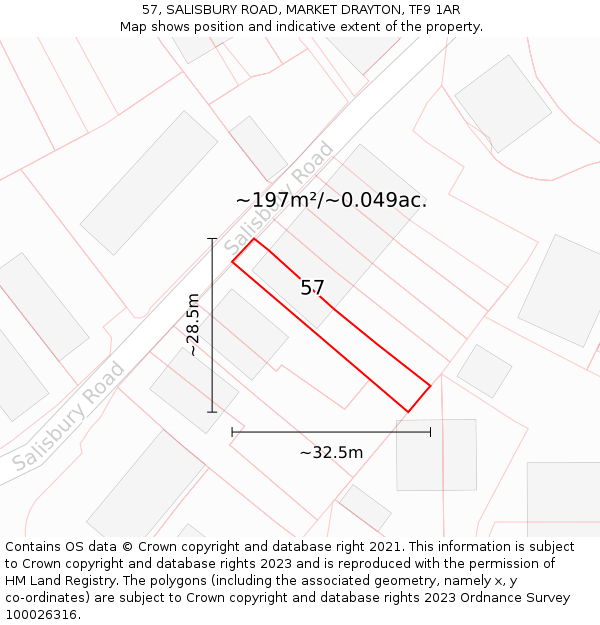 57, SALISBURY ROAD, MARKET DRAYTON, TF9 1AR: Plot and title map