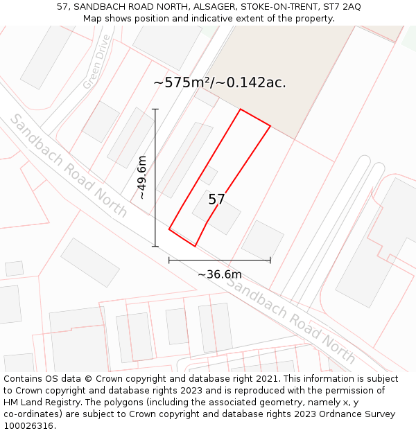 57, SANDBACH ROAD NORTH, ALSAGER, STOKE-ON-TRENT, ST7 2AQ: Plot and title map