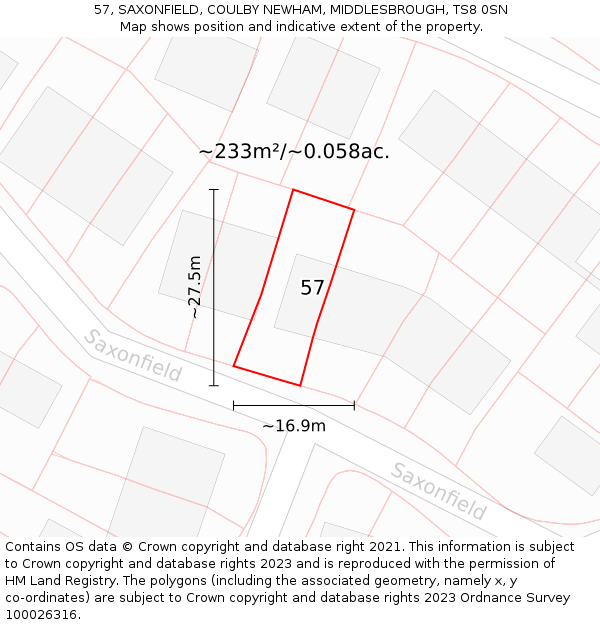 57, SAXONFIELD, COULBY NEWHAM, MIDDLESBROUGH, TS8 0SN: Plot and title map