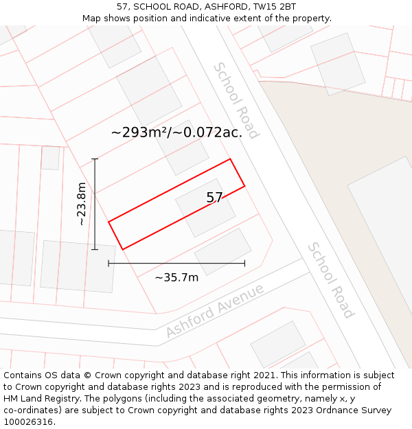 57, SCHOOL ROAD, ASHFORD, TW15 2BT: Plot and title map