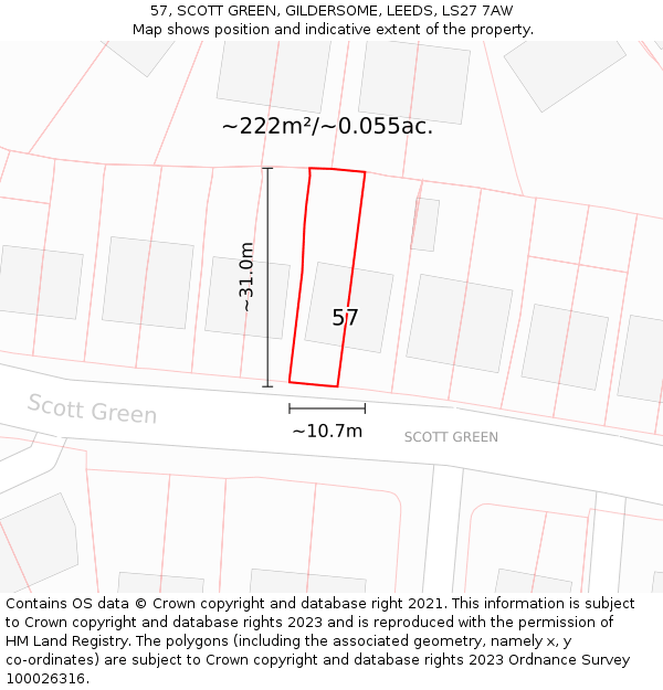 57, SCOTT GREEN, GILDERSOME, LEEDS, LS27 7AW: Plot and title map