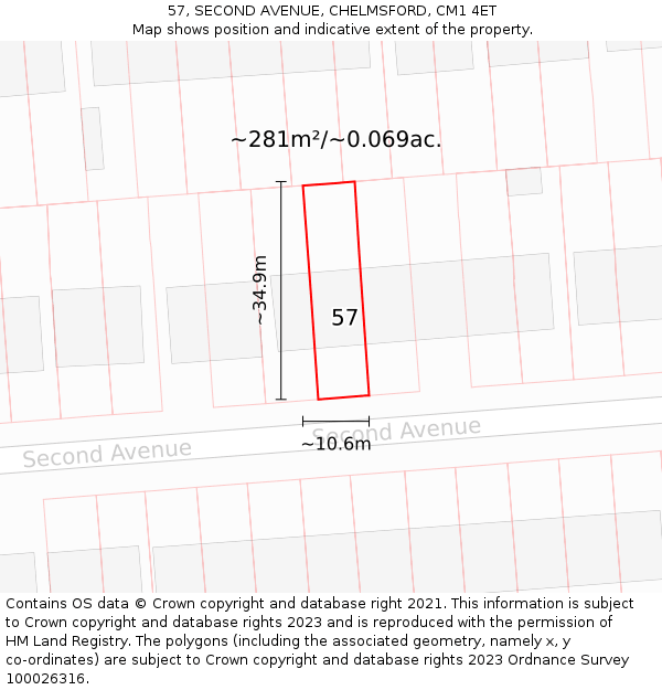 57, SECOND AVENUE, CHELMSFORD, CM1 4ET: Plot and title map