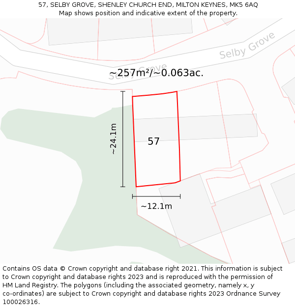 57, SELBY GROVE, SHENLEY CHURCH END, MILTON KEYNES, MK5 6AQ: Plot and title map