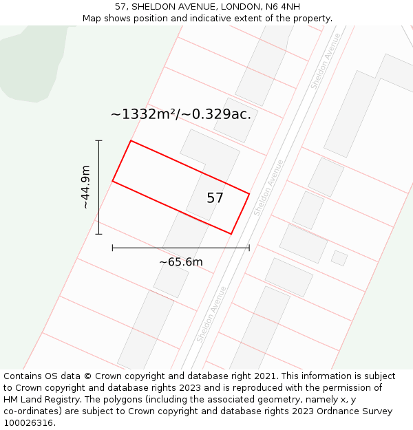 57, SHELDON AVENUE, LONDON, N6 4NH: Plot and title map