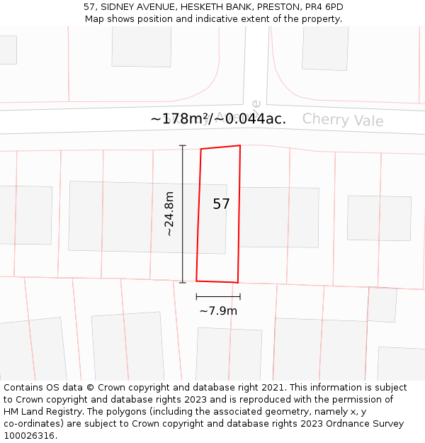 57, SIDNEY AVENUE, HESKETH BANK, PRESTON, PR4 6PD: Plot and title map