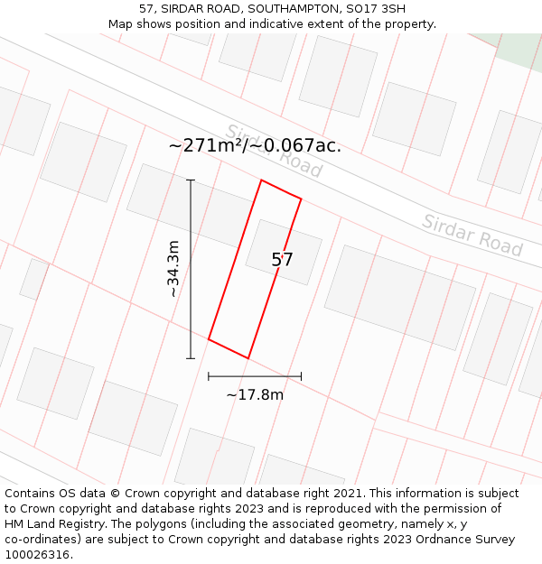 57, SIRDAR ROAD, SOUTHAMPTON, SO17 3SH: Plot and title map