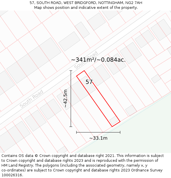 57, SOUTH ROAD, WEST BRIDGFORD, NOTTINGHAM, NG2 7AH: Plot and title map