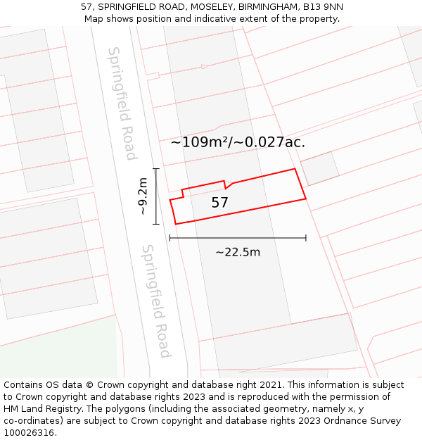 57, SPRINGFIELD ROAD, MOSELEY, BIRMINGHAM, B13 9NN: Plot and title map