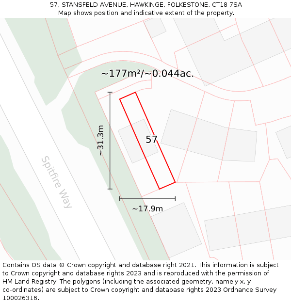 57, STANSFELD AVENUE, HAWKINGE, FOLKESTONE, CT18 7SA: Plot and title map