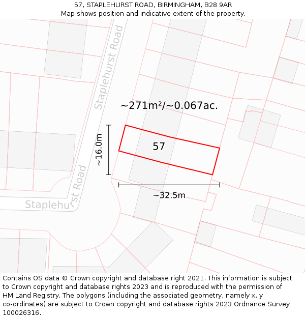 57, STAPLEHURST ROAD, BIRMINGHAM, B28 9AR: Plot and title map