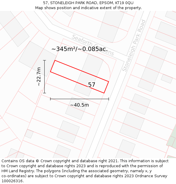 57, STONELEIGH PARK ROAD, EPSOM, KT19 0QU: Plot and title map