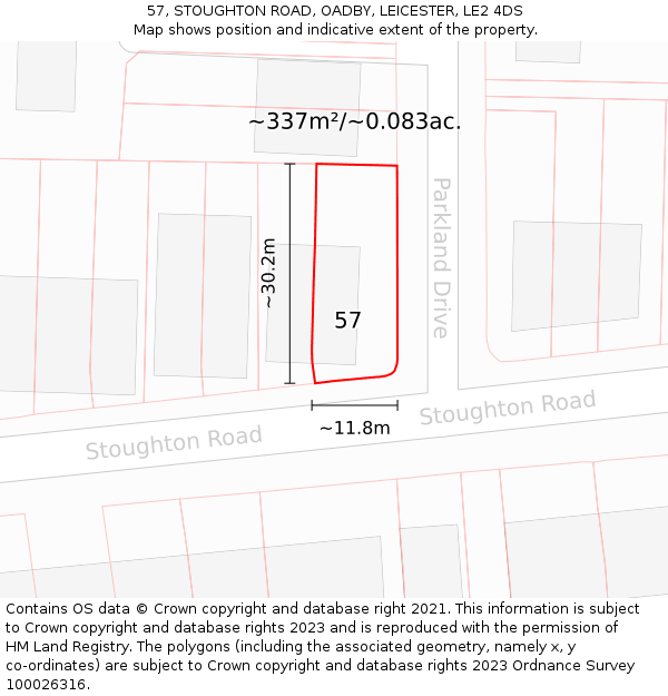 57, STOUGHTON ROAD, OADBY, LEICESTER, LE2 4DS: Plot and title map