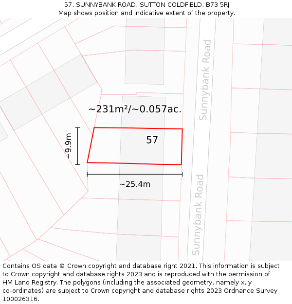 57, SUNNYBANK ROAD, SUTTON COLDFIELD, B73 5RJ: Plot and title map