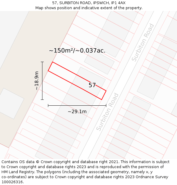 57, SURBITON ROAD, IPSWICH, IP1 4AX: Plot and title map