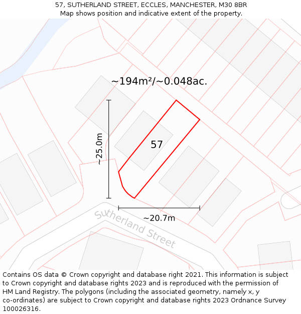 57, SUTHERLAND STREET, ECCLES, MANCHESTER, M30 8BR: Plot and title map