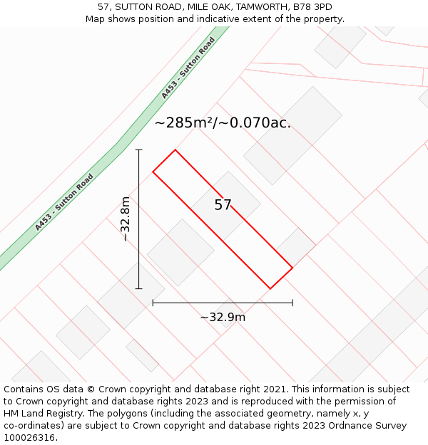 57, SUTTON ROAD, MILE OAK, TAMWORTH, B78 3PD: Plot and title map