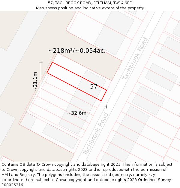 57, TACHBROOK ROAD, FELTHAM, TW14 9PD: Plot and title map