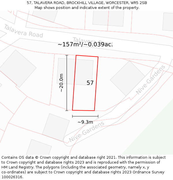 57, TALAVERA ROAD, BROCKHILL VILLAGE, WORCESTER, WR5 2SB: Plot and title map