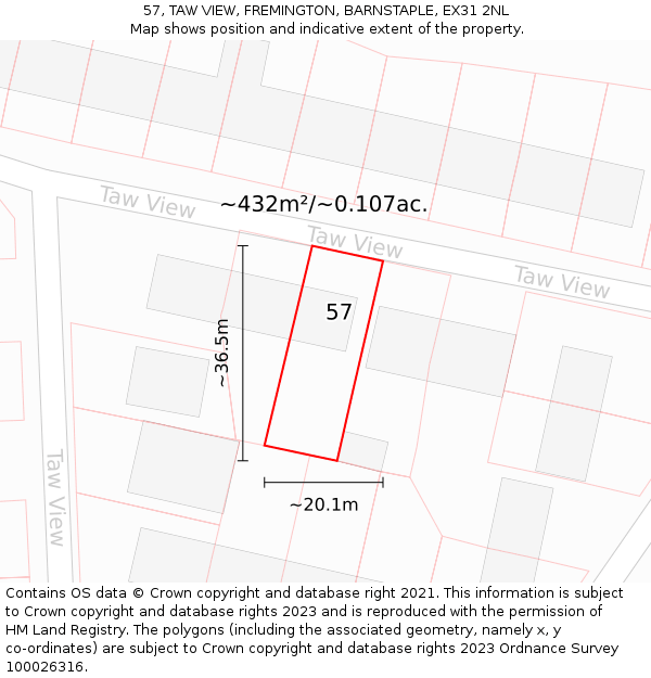 57, TAW VIEW, FREMINGTON, BARNSTAPLE, EX31 2NL: Plot and title map