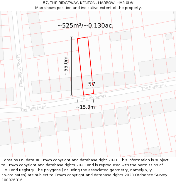 57, THE RIDGEWAY, KENTON, HARROW, HA3 0LW: Plot and title map