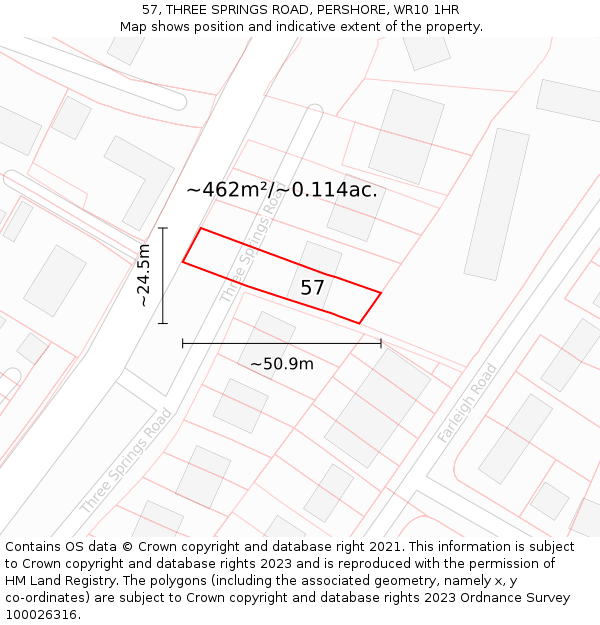 57, THREE SPRINGS ROAD, PERSHORE, WR10 1HR: Plot and title map