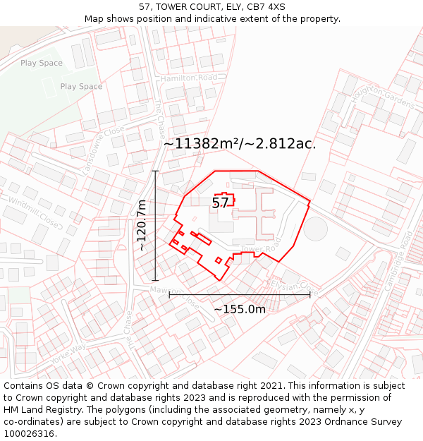 57, TOWER COURT, ELY, CB7 4XS: Plot and title map