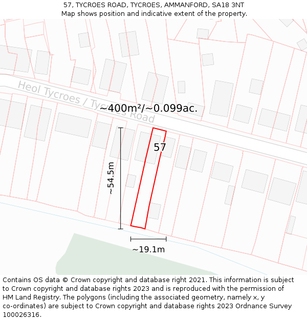 57, TYCROES ROAD, TYCROES, AMMANFORD, SA18 3NT: Plot and title map