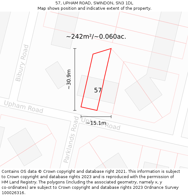 57, UPHAM ROAD, SWINDON, SN3 1DL: Plot and title map