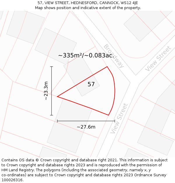 57, VIEW STREET, HEDNESFORD, CANNOCK, WS12 4JE: Plot and title map