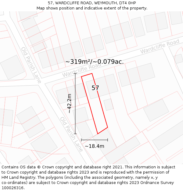 57, WARDCLIFFE ROAD, WEYMOUTH, DT4 0HP: Plot and title map