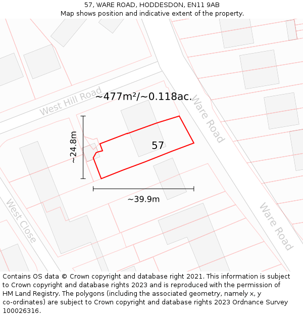 57, WARE ROAD, HODDESDON, EN11 9AB: Plot and title map