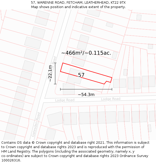 57, WARENNE ROAD, FETCHAM, LEATHERHEAD, KT22 9TX: Plot and title map