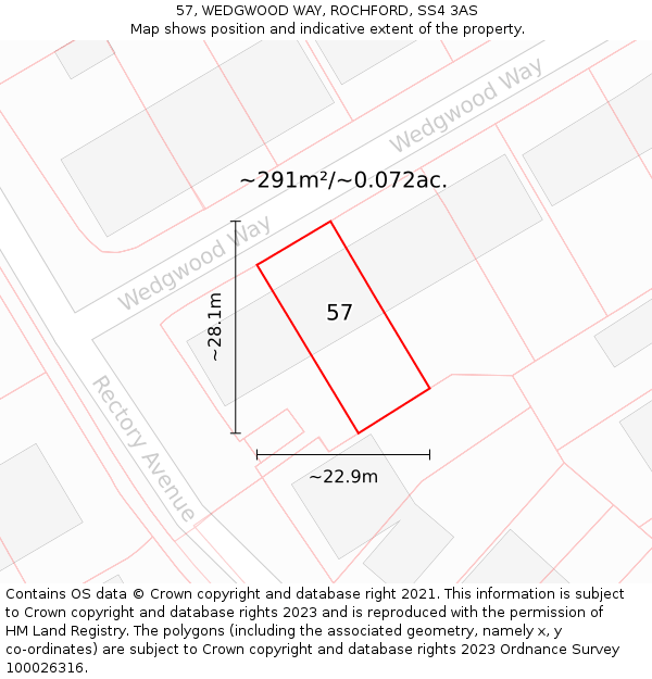 57, WEDGWOOD WAY, ROCHFORD, SS4 3AS: Plot and title map