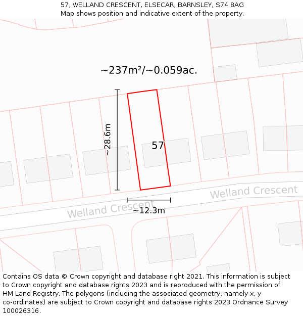 57, WELLAND CRESCENT, ELSECAR, BARNSLEY, S74 8AG: Plot and title map