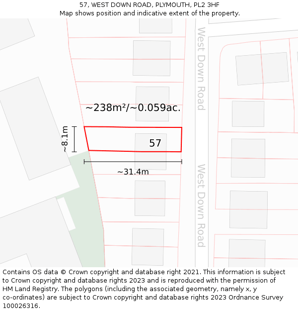 57, WEST DOWN ROAD, PLYMOUTH, PL2 3HF: Plot and title map
