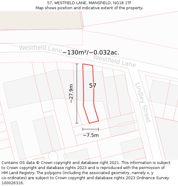 57, WESTFIELD LANE, MANSFIELD, NG18 1TF: Plot and title map