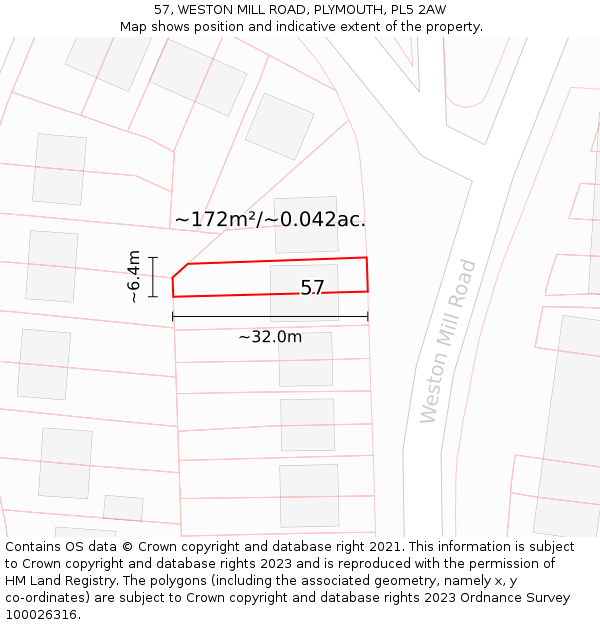 57, WESTON MILL ROAD, PLYMOUTH, PL5 2AW: Plot and title map