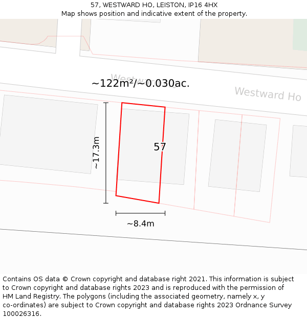 57, WESTWARD HO, LEISTON, IP16 4HX: Plot and title map