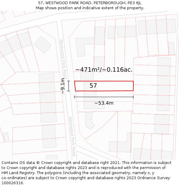 57, WESTWOOD PARK ROAD, PETERBOROUGH, PE3 6JL: Plot and title map